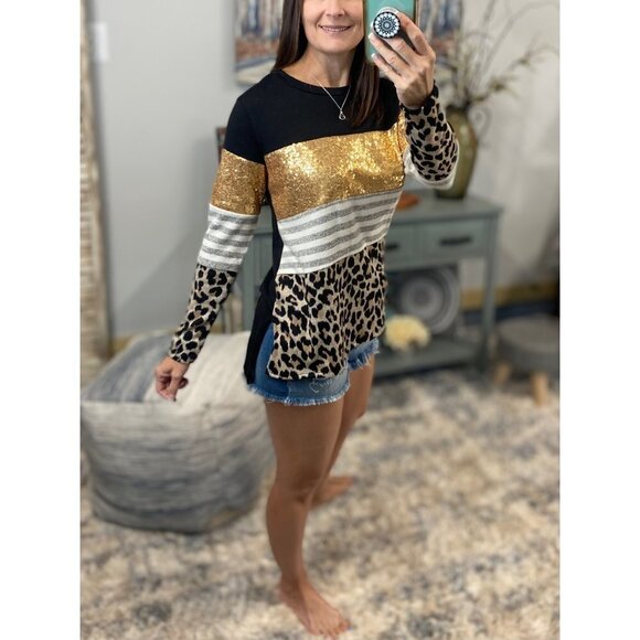 Glitter Leopard Striped Sweater Gold 0819 - Picture 3 of 12